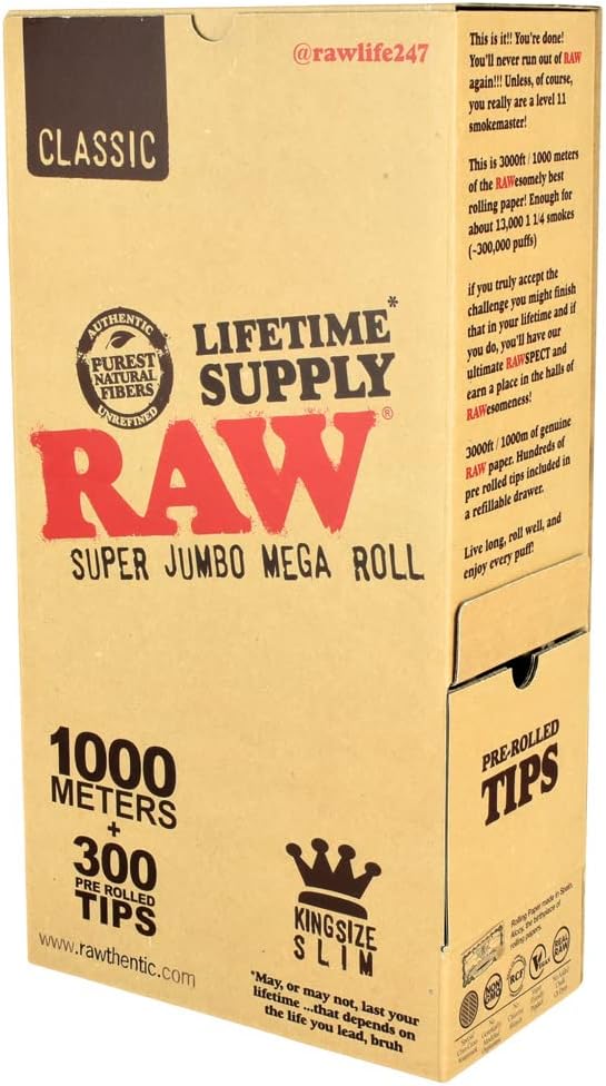Raw Classic Super Jumbo Mega Roll King Size Slim 1000m + 300 Pre Roll Tips