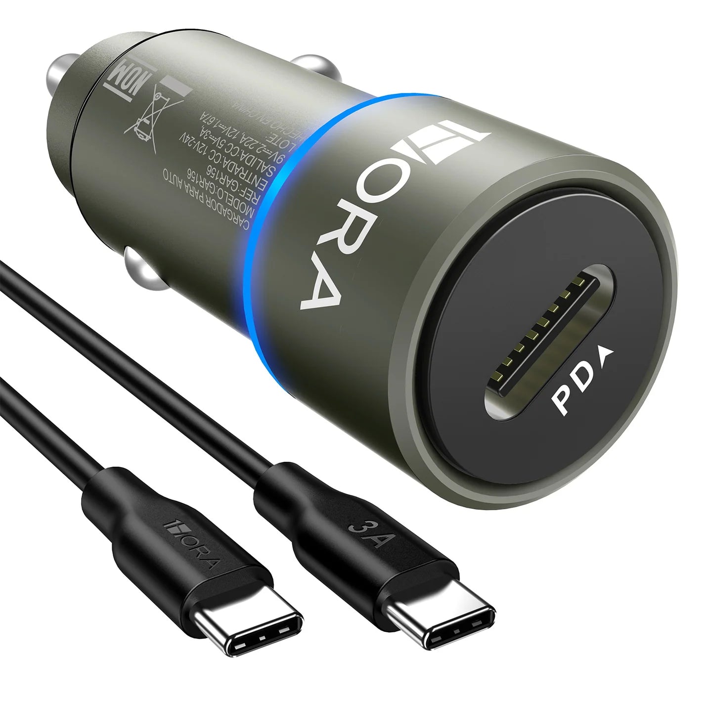 1Hora PD20W Car Charger With 1M C to C Data Cable Combo Grey