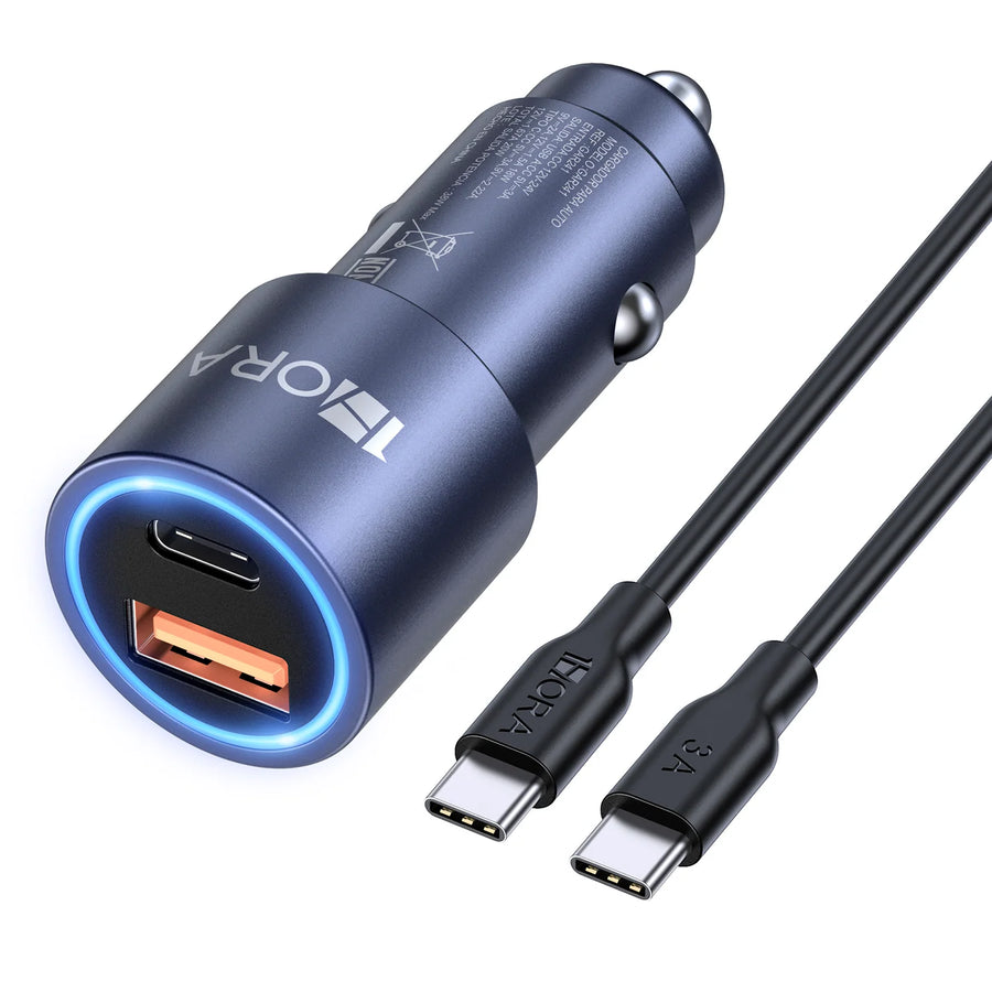 1Hora Quick Car Charger With 1M C to C Data Cable Combo Grey