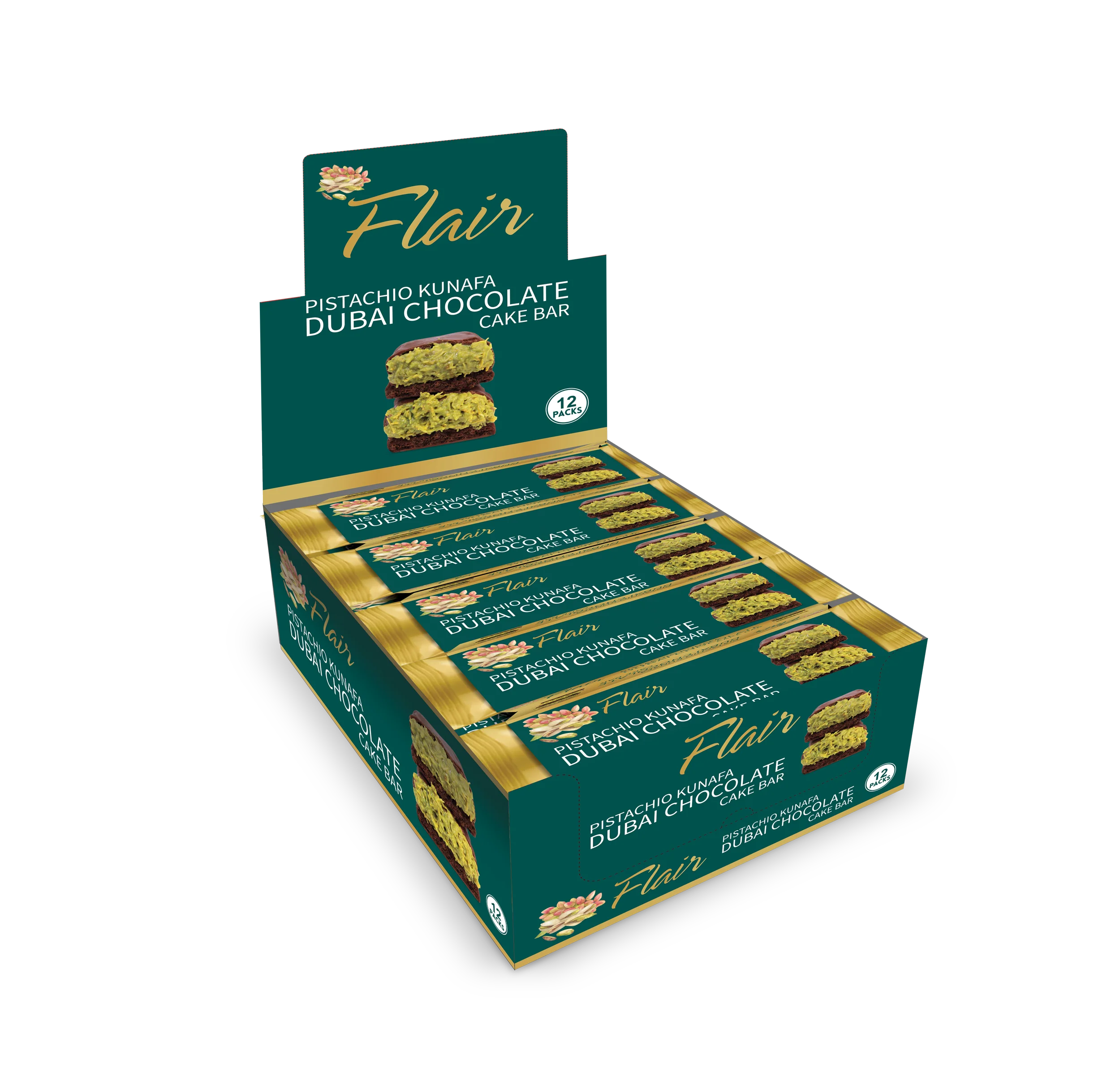 Flair Dubai Chocolate Pistachio Kunafa Cake Bar 12ct Box