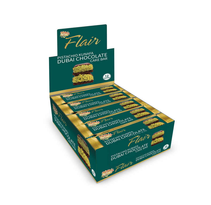 Flair Dubai Chocolate Pistachio Kunafa Cake Bar 12ct Box