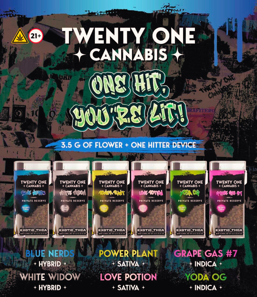 Twenty One Cannabis THC-A Flower 3.5G + One Hitter 6ct Box