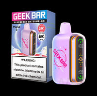 Geek Bar Pulse 2 disposable vape device in Blueberry Watermelon flavor, shown next to its retail packaging box. The device is lavender purple with orange and black accents, featuring a digital display on its side.