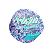 A round tin of Polka Dot Magic Gummies Blue Cotton Candy, featuring a vibrant blue, purple, and pink patterned design with the brand name 'Polka Dot' in large teal letters.