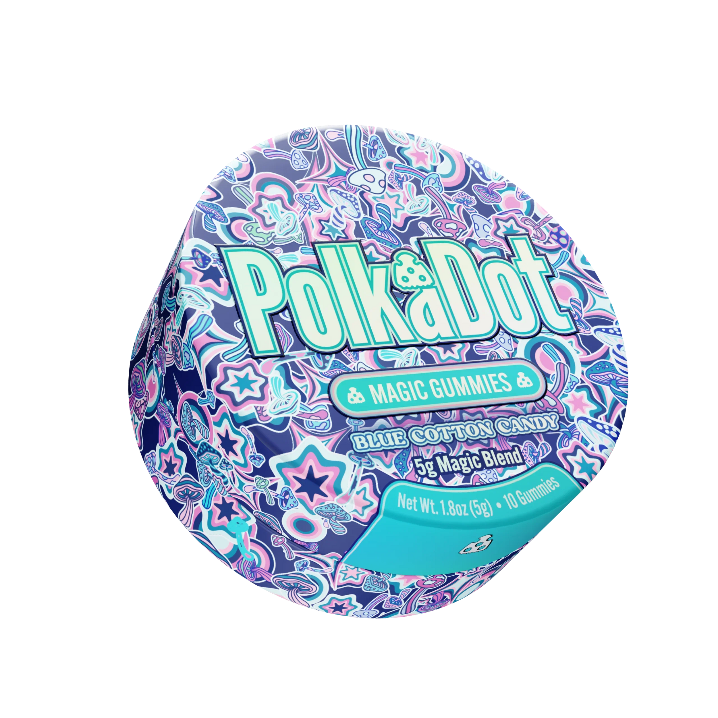 A round tin of Polka Dot Magic Gummies Blue Cotton Candy, featuring a vibrant blue, purple, and pink patterned design with the brand name 'Polka Dot' in large teal letters.