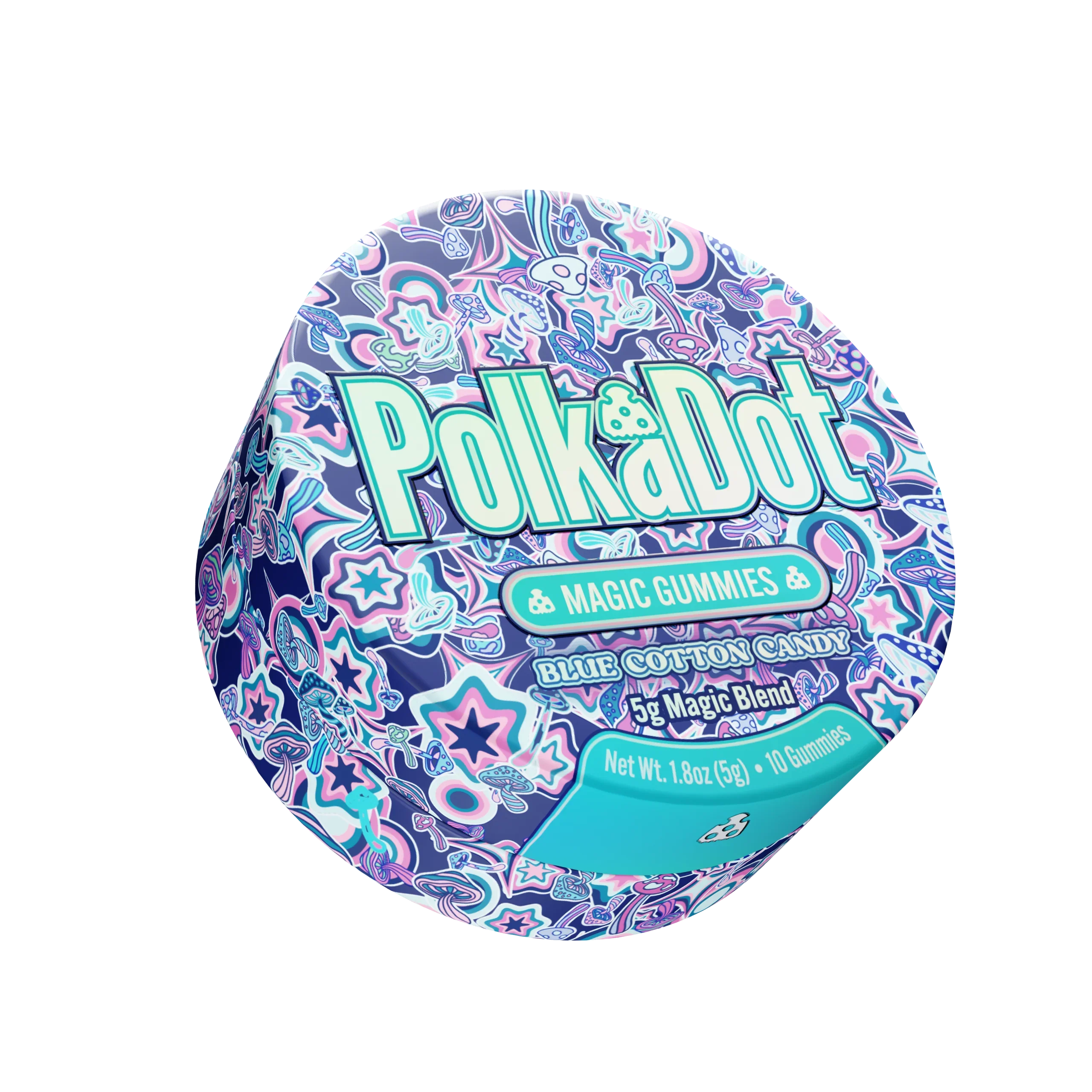 A round tin of Polka Dot Magic Gummies Blue Cotton Candy, featuring a vibrant blue, purple, and pink patterned design with the brand name 'Polka Dot' in large teal letters.