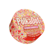 A round container of Polka Dot Magic Gummies in the Cherry Kiwi Limeade flavor, featuring a vibrant, multicolored retro pattern on a white background.
