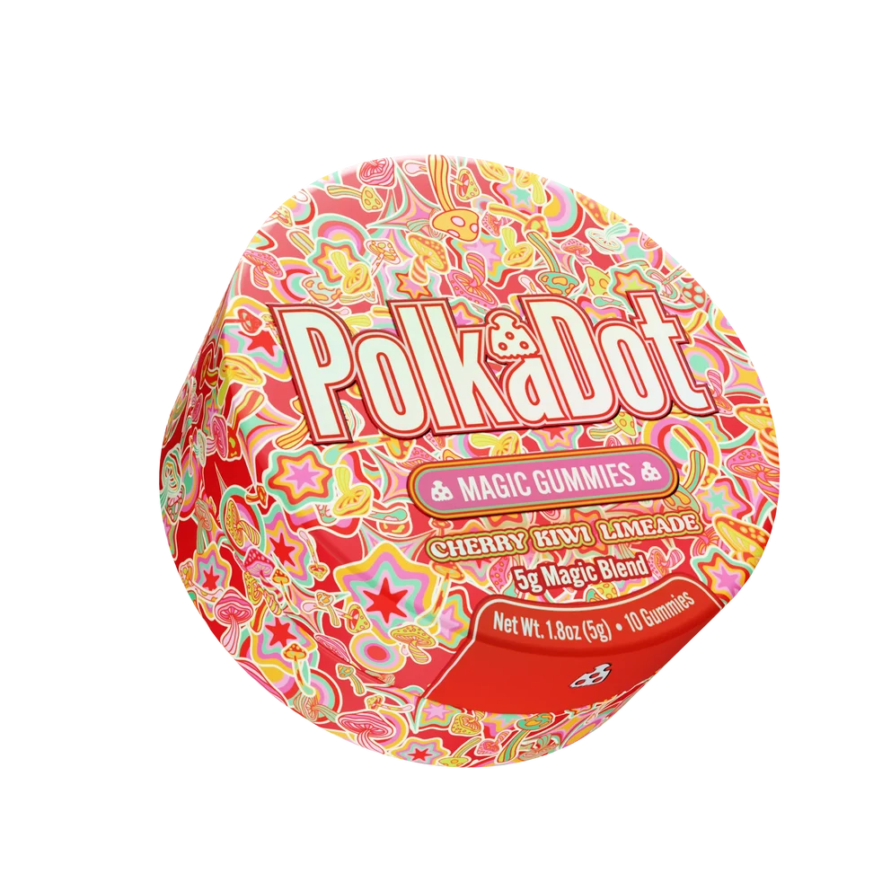 A round container of Polka Dot Magic Gummies in the Cherry Kiwi Limeade flavor, featuring a vibrant, multicolored retro pattern on a white background.