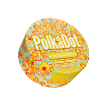 A round tin of Polka Dot Magic Gummies & Magic Sorbet, featuring a vibrant yellow and orange patterned lid with the brand name 'Polka Dot' in large white letters. The product is shown on a clean white background.