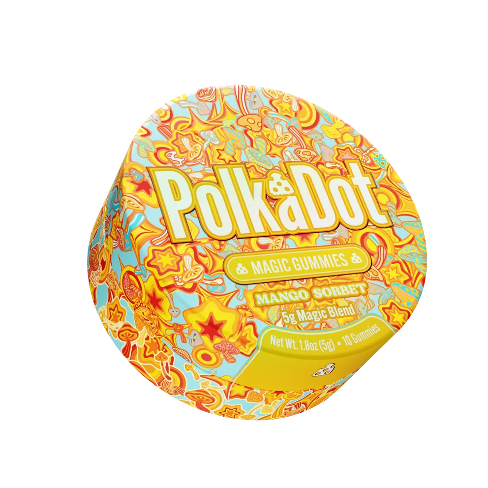 A round tin of Polka Dot Magic Gummies & Magic Sorbet, featuring a vibrant yellow and orange patterned lid with the brand name 'Polka Dot' in large white letters. The product is shown on a clean white background.