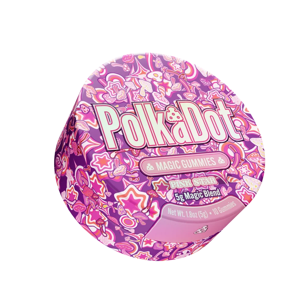 A round container of Polka Dot Magic Gummies Pink Spice 5g Magic Blend, featuring a vibrant pink and purple patterned lid with the brand name 'Polka Dot' in large white letters.