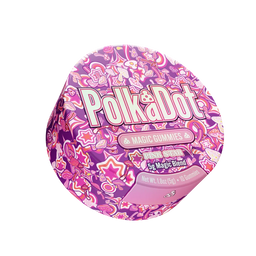 A round container of Polka Dot Magic Gummies Pink Spice 5g Magic Blend, featuring a vibrant pink and purple patterned lid with the brand name 'Polka Dot' in large white letters.