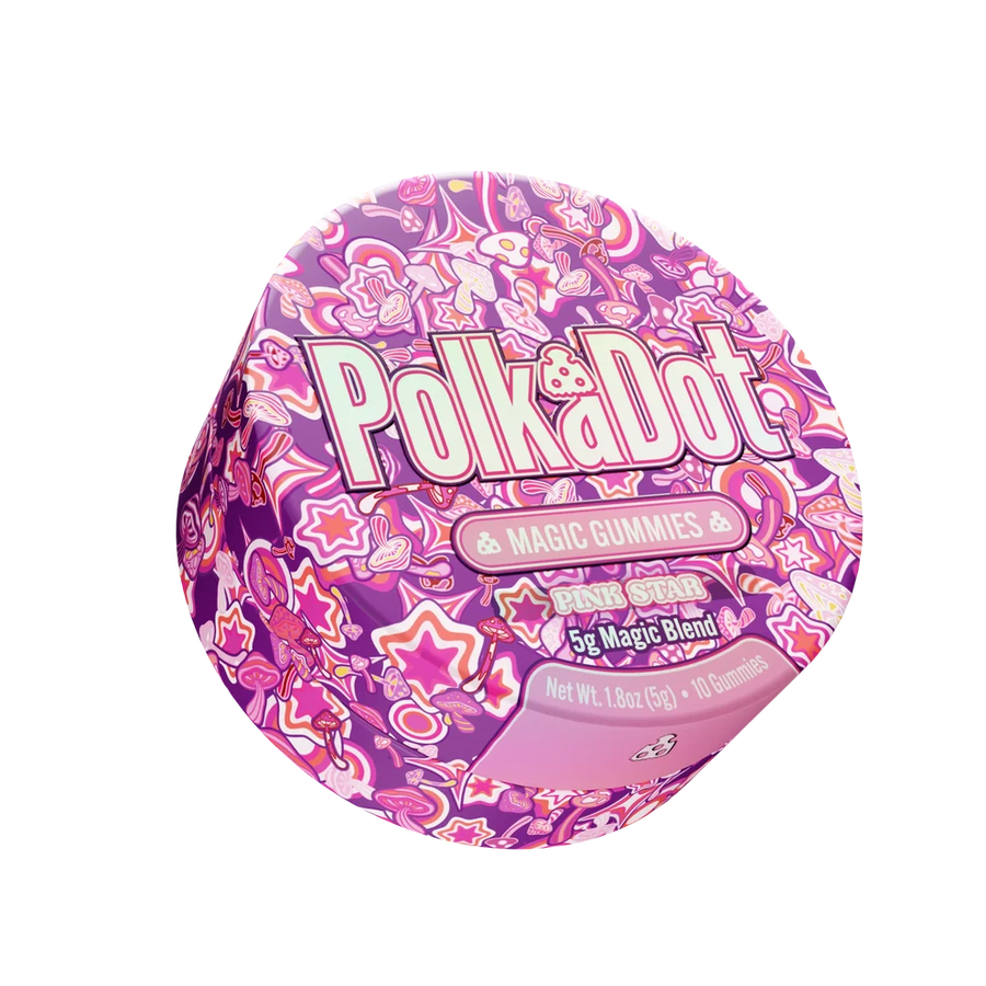 A round container of Polka Dot Magic Gummies Pink Spice 5g Magic Blend, featuring a vibrant pink and purple patterned lid with the brand name 'Polka Dot' in large white letters.