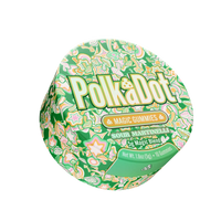 A round container of Polka Dot Sour Martinelli 3c Magic Blend gummy candy, featuring a vibrant green and white patterned lid with the brand name 'Polka Dot' in large yellow letters.