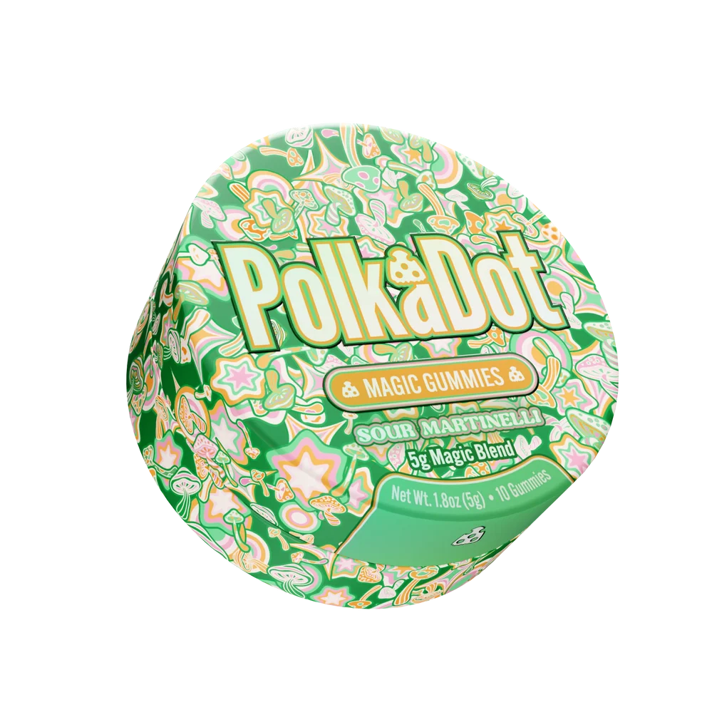 A round container of Polka Dot Sour Martinelli 3c Magic Blend gummy candy, featuring a vibrant green and white patterned lid with the brand name 'Polka Dot' in large yellow letters.