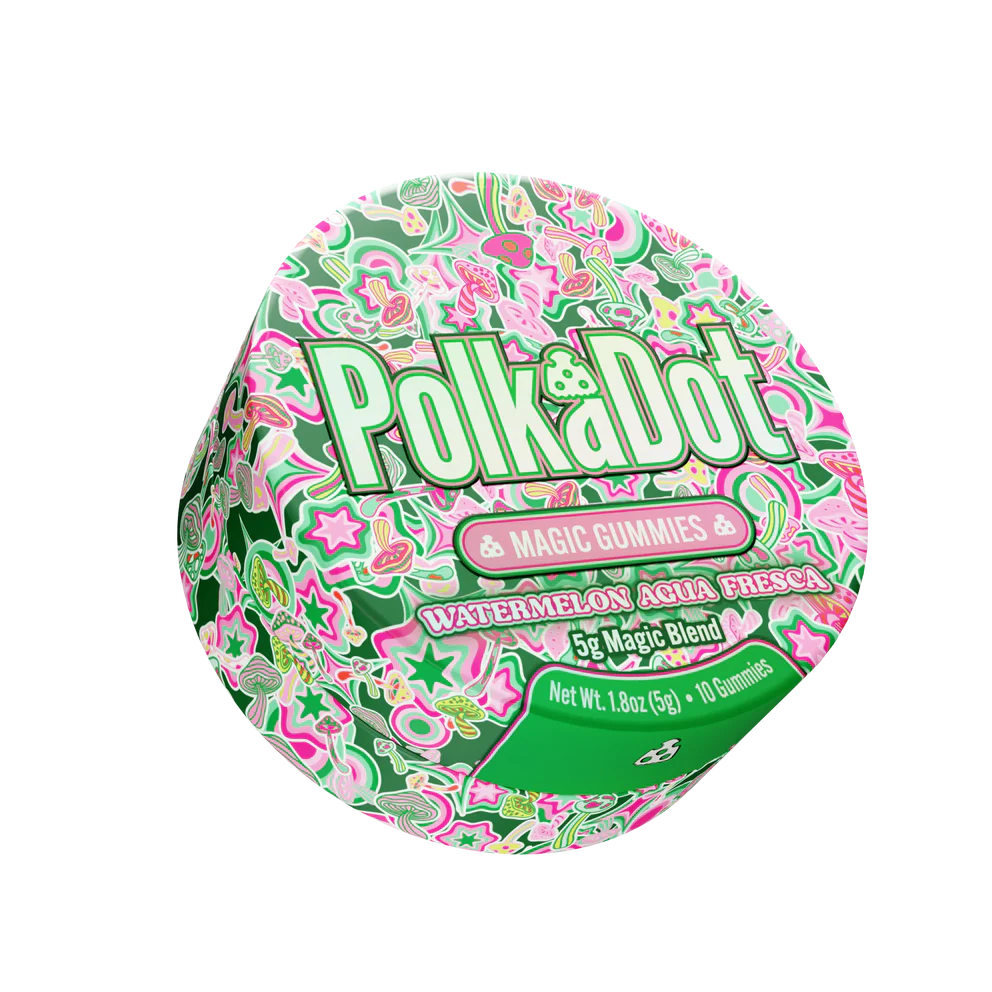 A round container of Polka Dot Magic Gummies, Watermelon Agua Fresca, featuring a vibrant green, pink, and white patterned lid with the brand name in large green letters.