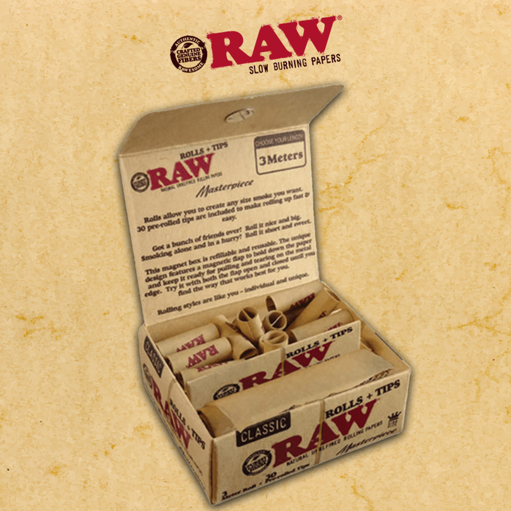 Raw Classic Rolls & Tips 3 Meter Roll 12ct Box