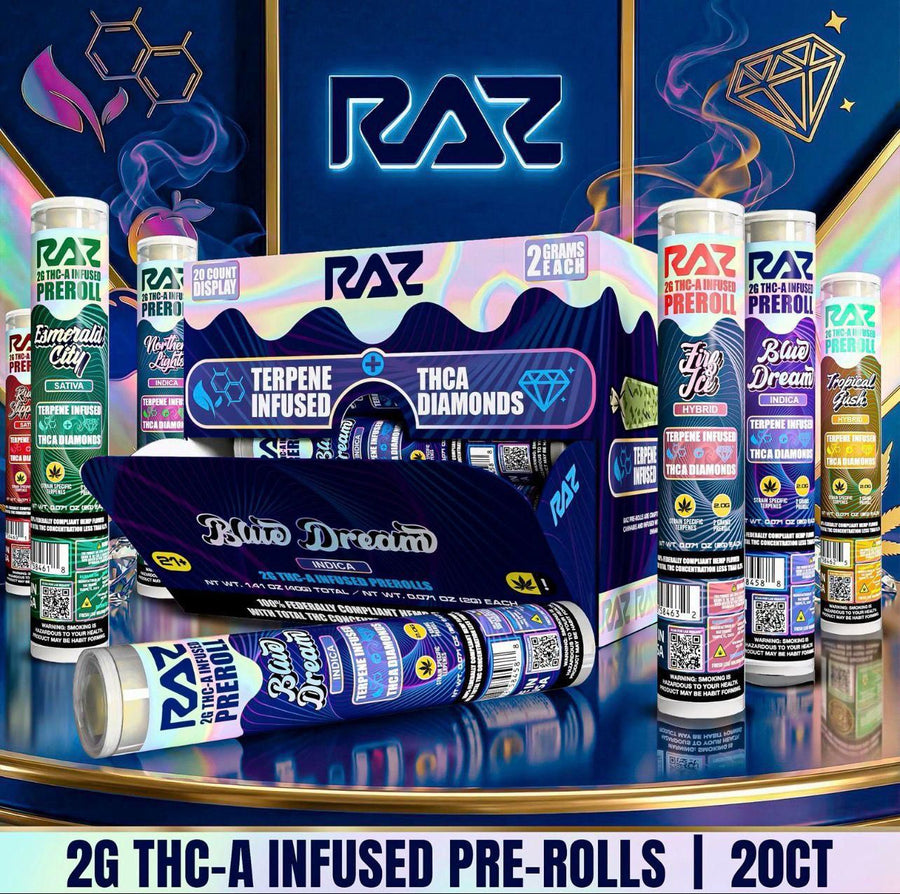 RAZ THC-A infused pre-rolls with packaging on a reflective surface, featuring the RAZ brand logo.