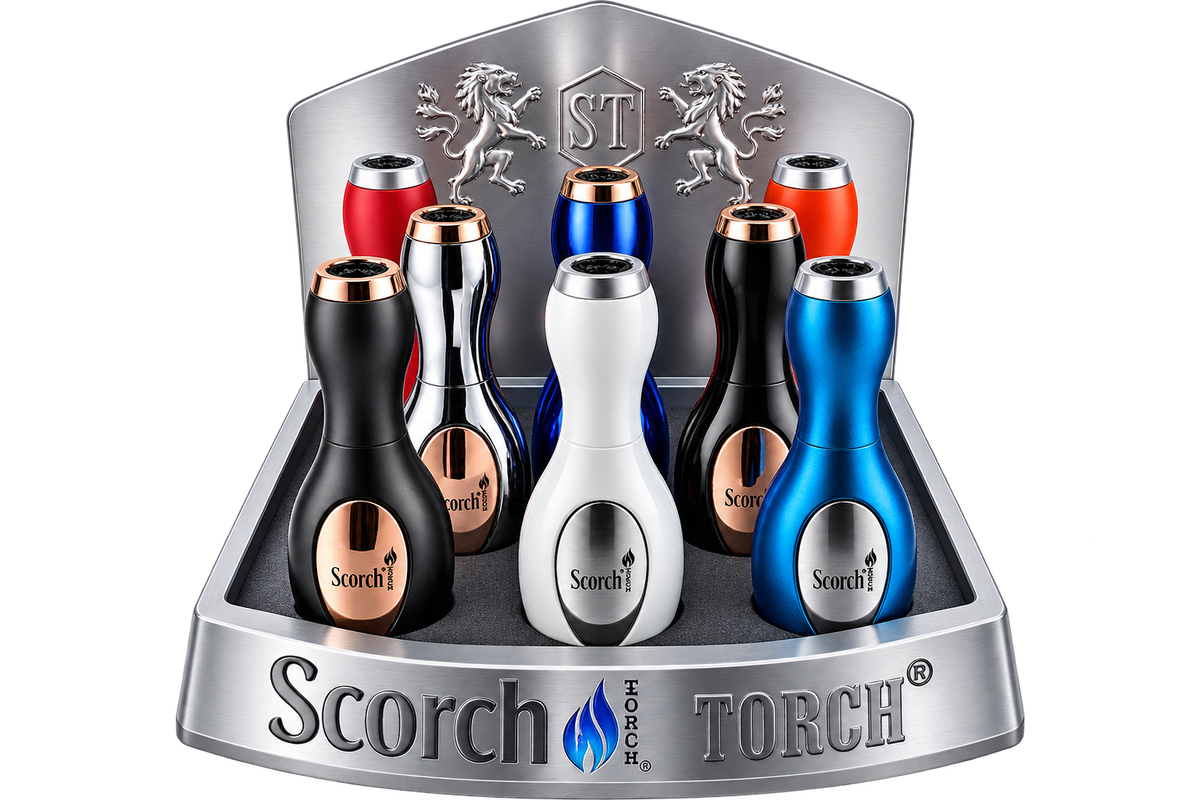 A display stand showcasing multiple portable electric torch lighters by Scorch Torch, including black, silver, white, blue, and red color options, set against a plain white background.