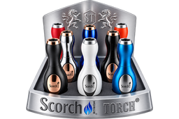 A display stand showcasing multiple portable electric torch lighters by Scorch Torch, including black, silver, white, blue, and red color options, set against a plain white background.