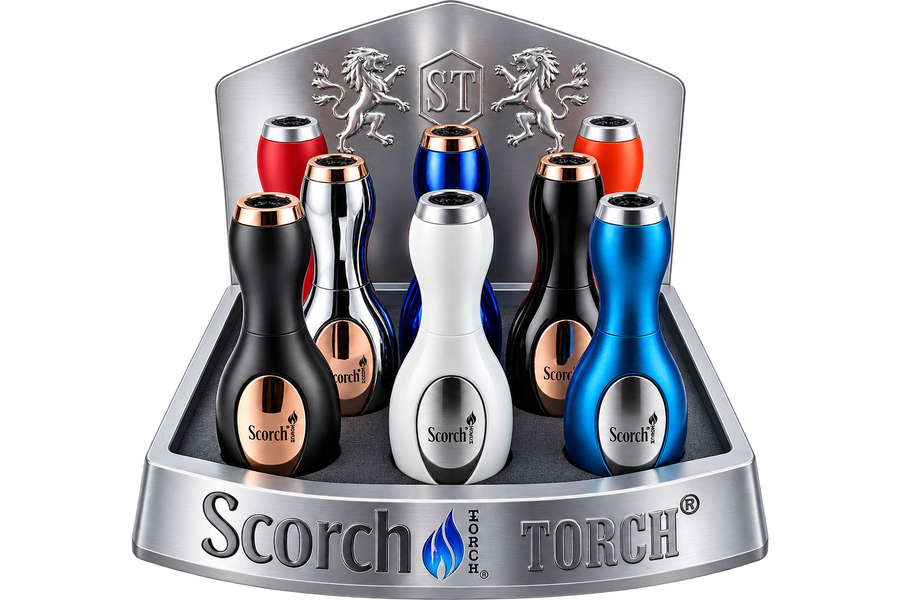 A display stand showcasing multiple portable electric torch lighters by Scorch Torch, including black, silver, white, blue, and red color options, set against a plain white background.