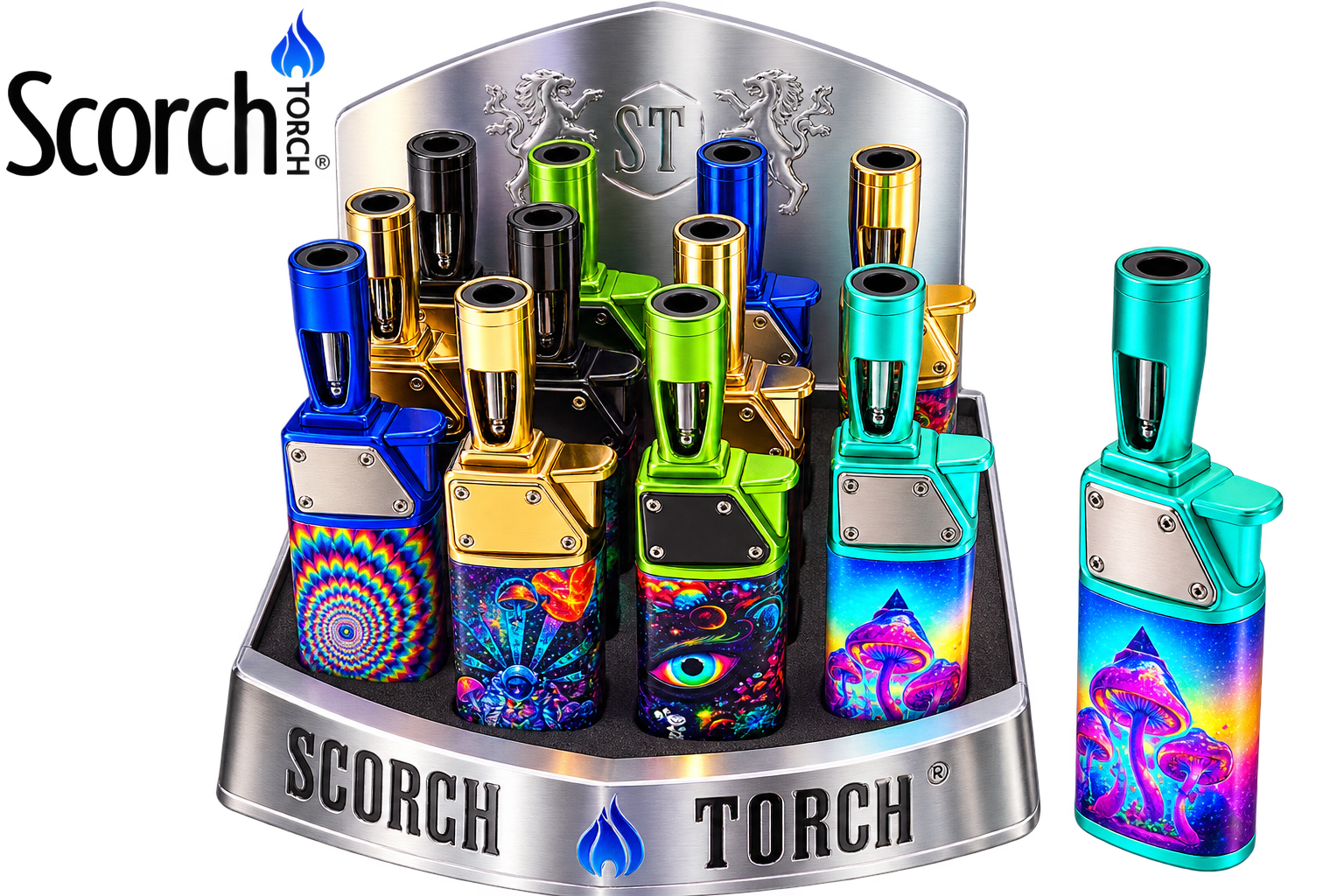 A display of Scorch Torch lighters in multiple vibrant colors and patterns, including blue, green, gold, and psychedelic designs, shown on a white background with the Scorch Torch logo.