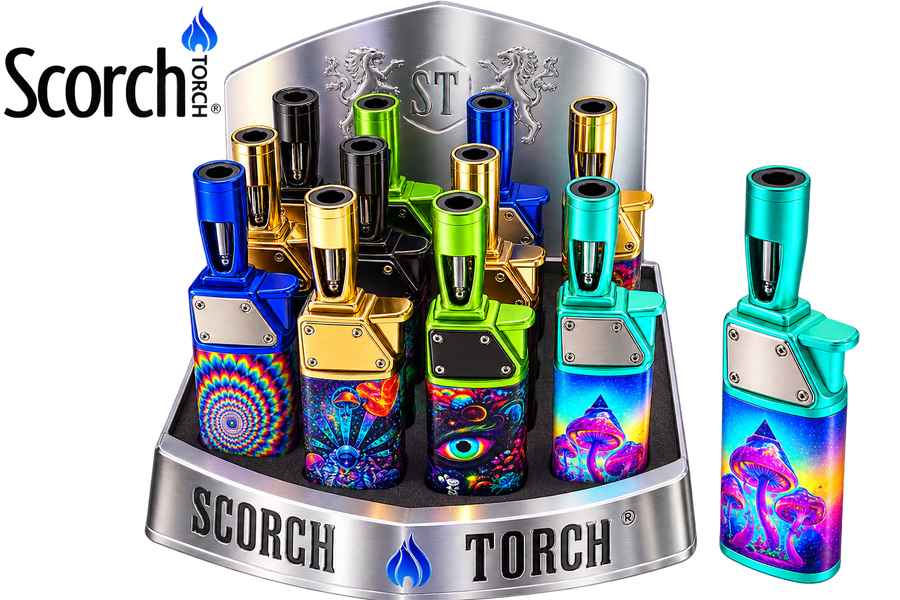 A display of Scorch Torch lighters in multiple vibrant colors and patterns, including blue, green, gold, and psychedelic designs, shown on a white background with the Scorch Torch logo.