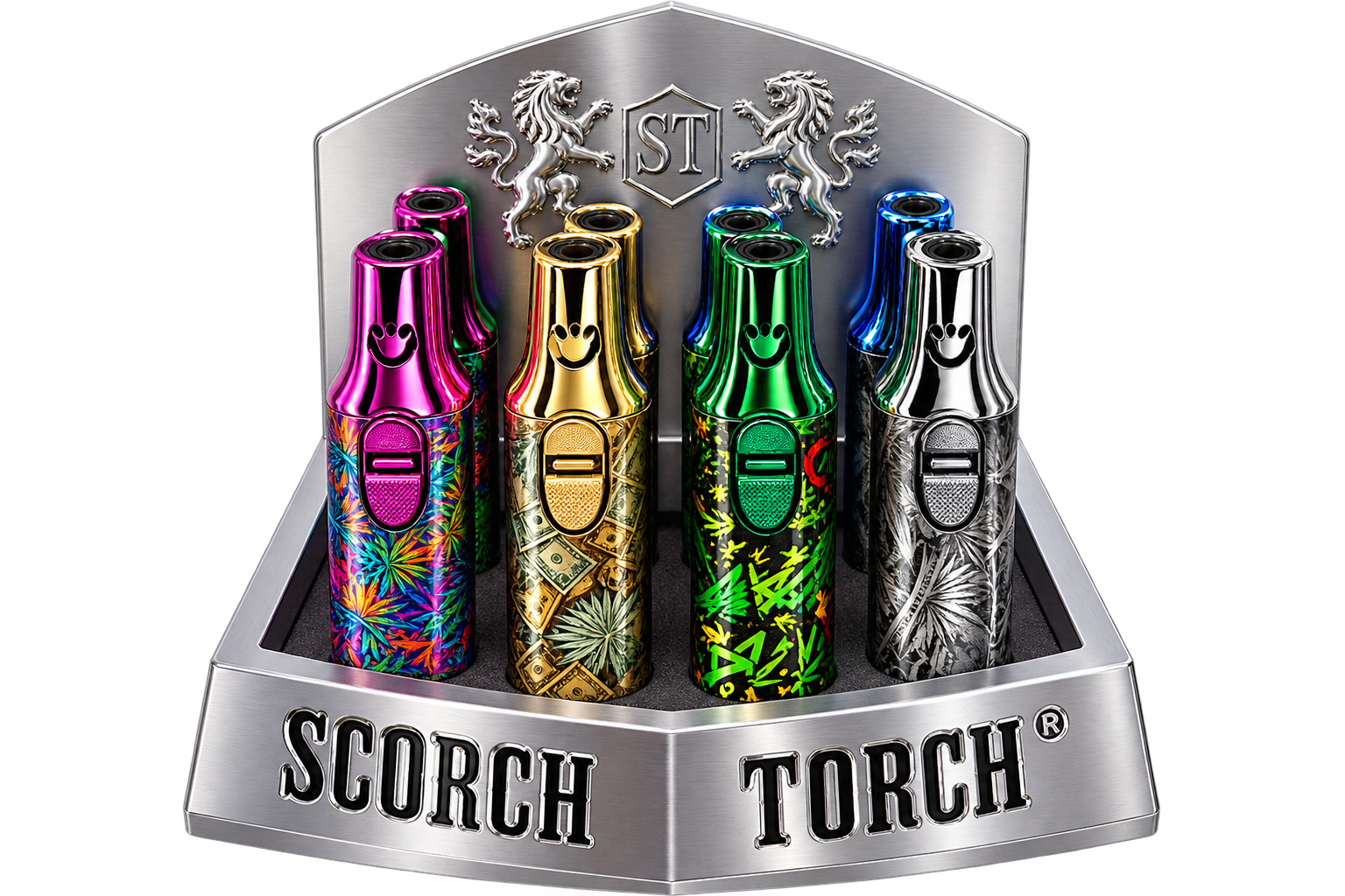 Four metallic disposable vape devices displayed in a silver branded retail stand. The devices feature colorful patterns and metallic finishes in pink, gold, green, and silver, with the SCORCH TORCH branding visible on the stand.