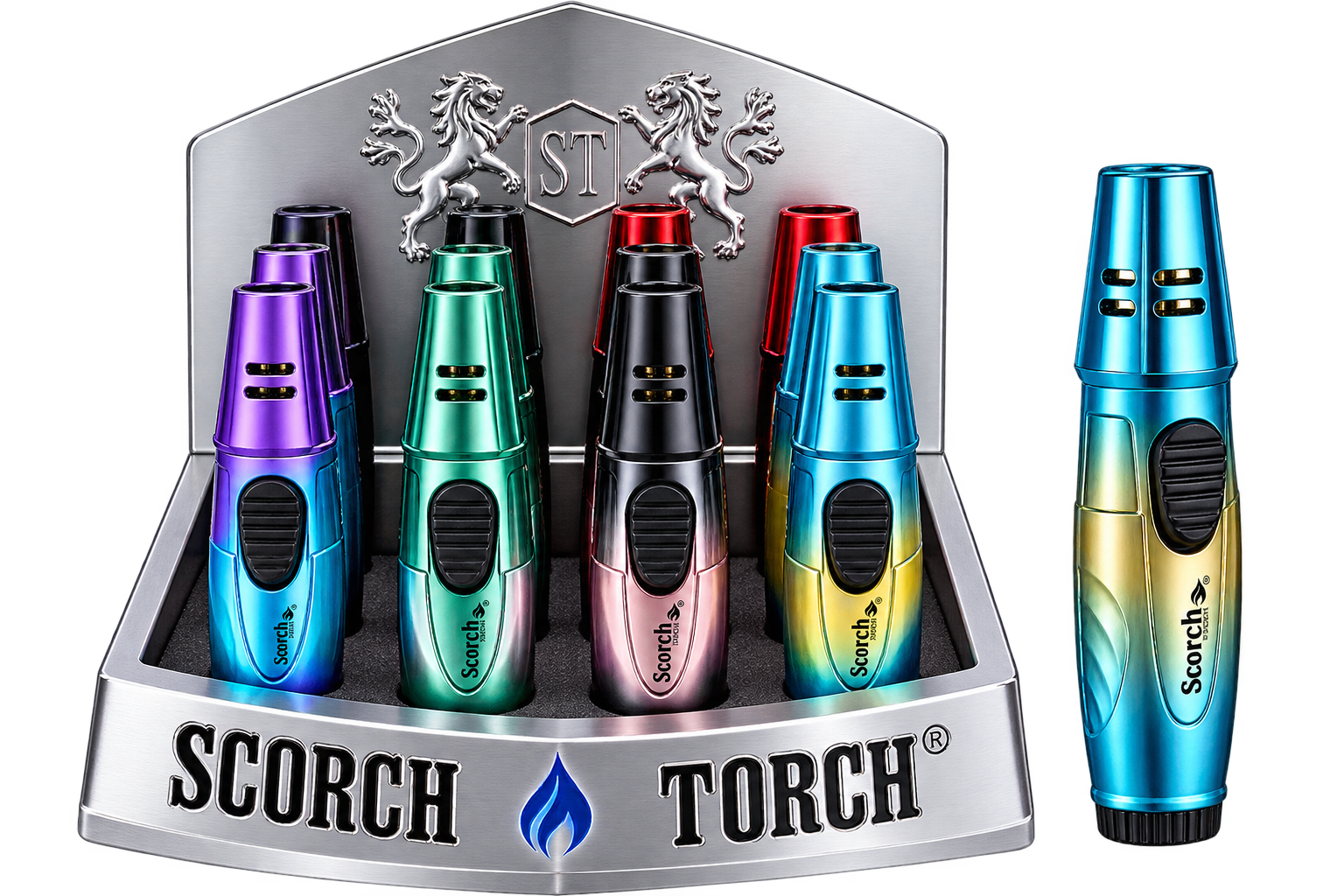 A display of Scorch Torch lighter matches in multiple metallic colors, including purple, green, black, pink, and blue, shown inside a branded silver display stand with a single lighter standing beside it on a white background.