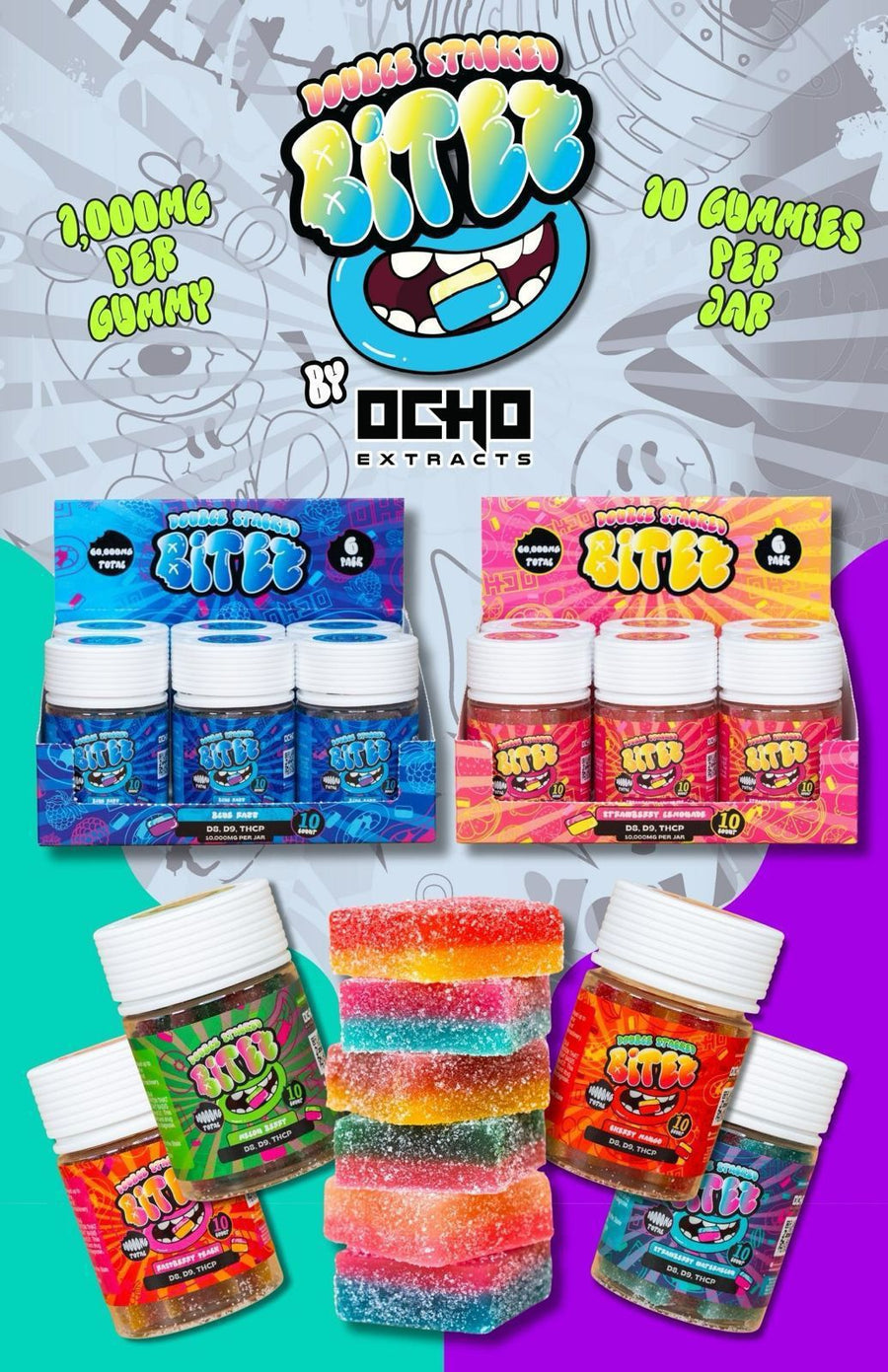 Double Stacked BITES Gummies 1000mg Each | 10 Pcs Per Jar | 6ct Display Box |