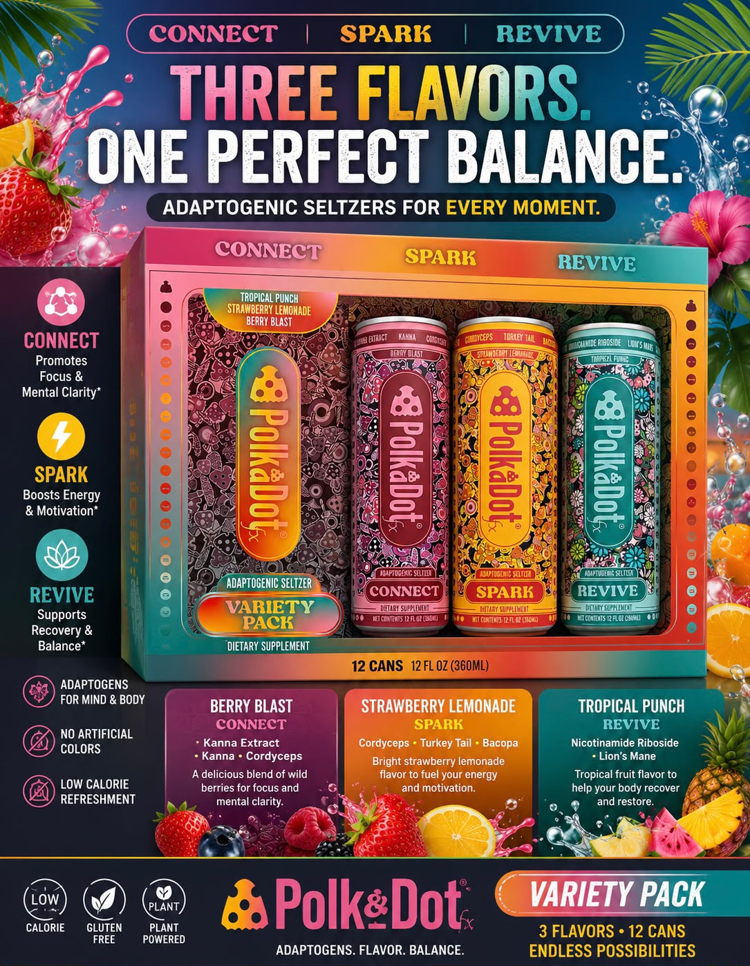 Polkadot Mushroom Adaptogenic Seltzer Drink 12oz Variety Pack 12ct