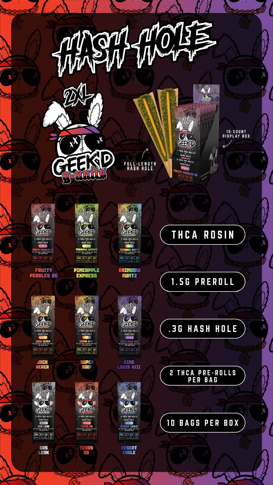 Geekd G-Unit Hash Hole THC-A Pre Rolls 2XL 1.8G 2pk 10ct Box |